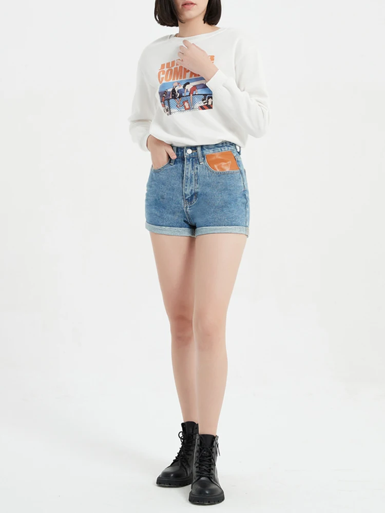 Streetwear Women High Waist Retro Blue Denim Shorts Spring Summer Female Straight Button Pocket Jeans Shorts Bottoms