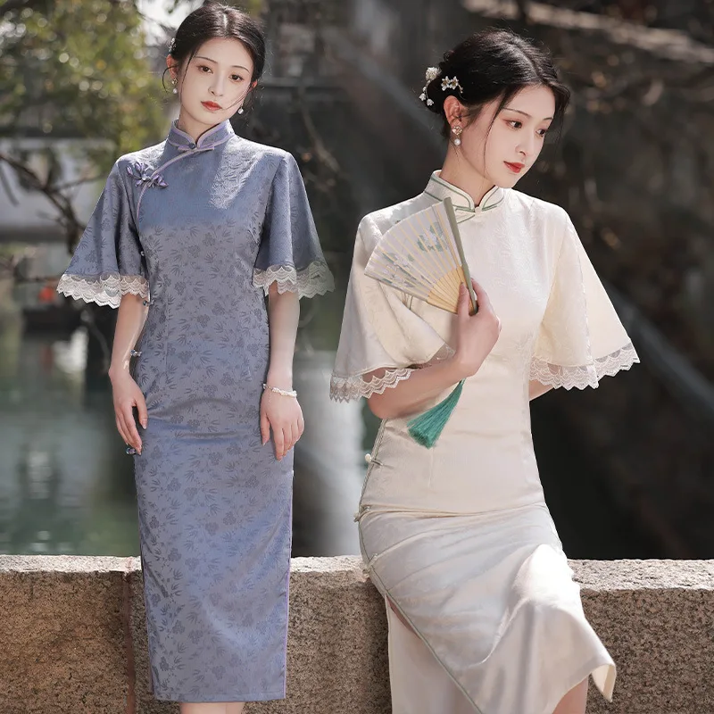 Sexy Party Evening Dress Vintage Women Chinese Style Retro Slim Satin Lace Cheongsam Elegant Split Qipao Vestidos