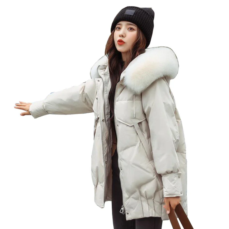 

Female Elegant Large Size Loose Coat New Women Winter Fur Hooded Coats 2023 Thickened Warm White Duck Down Jacket OK1014