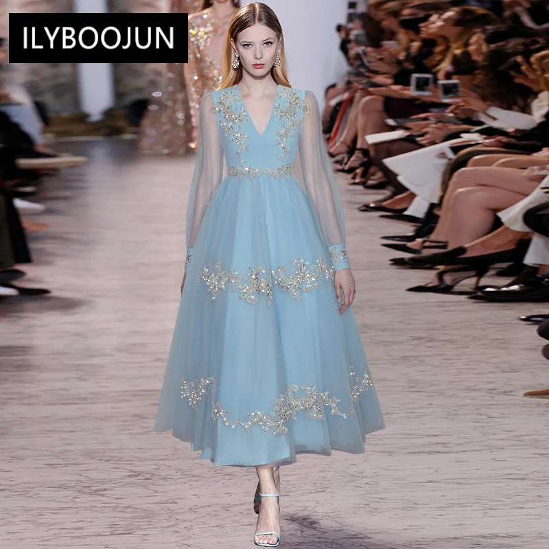 

Dresses For Women 2022 Luxury Designer Elegant Runway High Quality Long Sleeves Sequins Embroidery Mesh Elegant Blue Party Dress