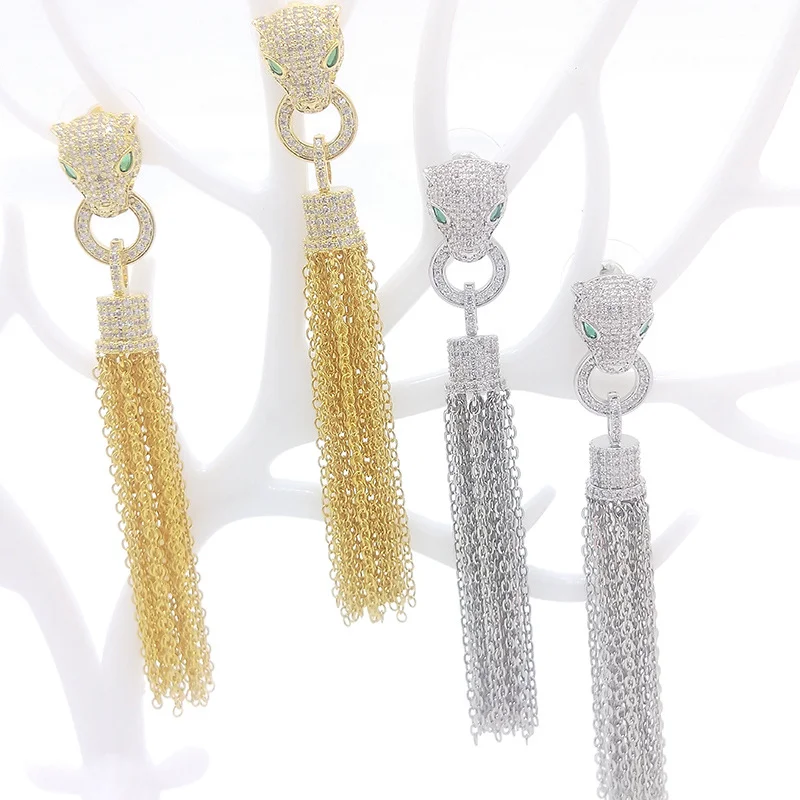 

Luxury CZ Zircon Crystal Leopard Long Tassel Dangle Earring for Women Platinum Plated S925 Silver Ear Pin Panther Animal Design
