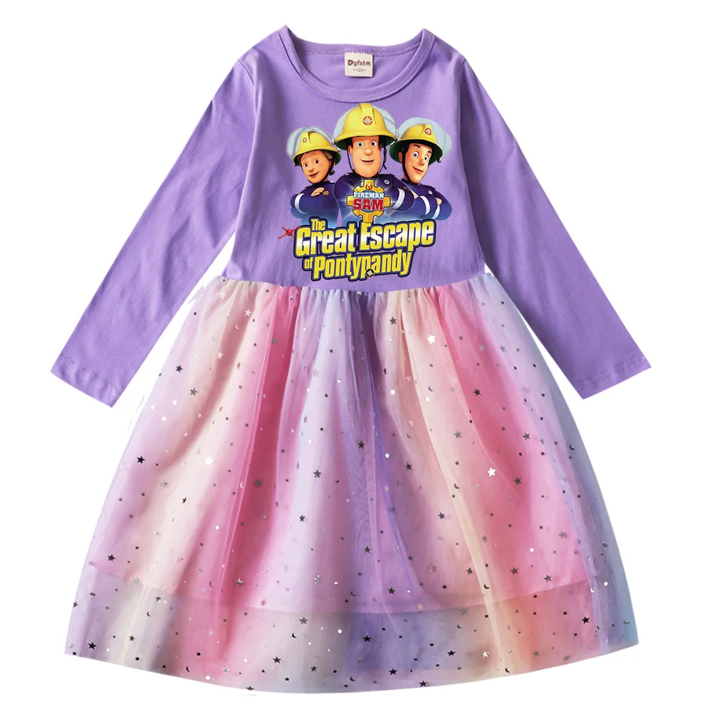 

Fireman Sam Costume Kids Princess Vestidos Baby Girls Long Sleeve Dress with Sequin Mesh Children Birthday Wedding Party Dresses