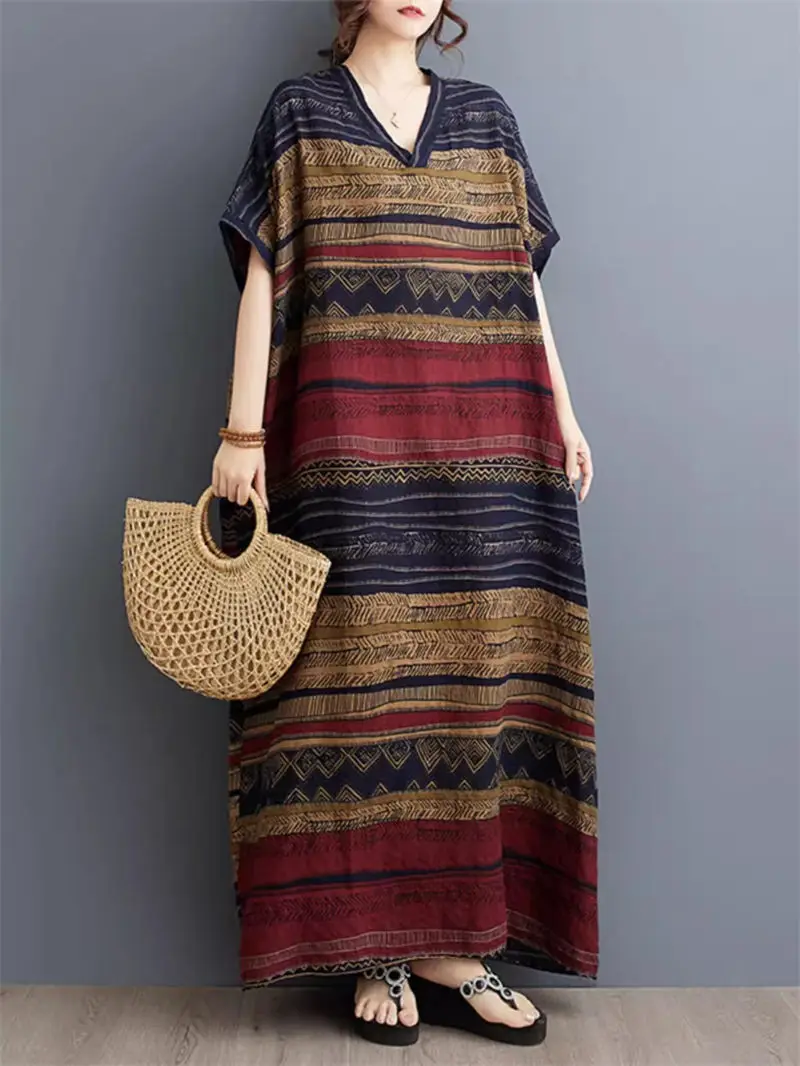 Платье женское из хлопка и льна Свободное длинное в полоску с V-образным вырезом