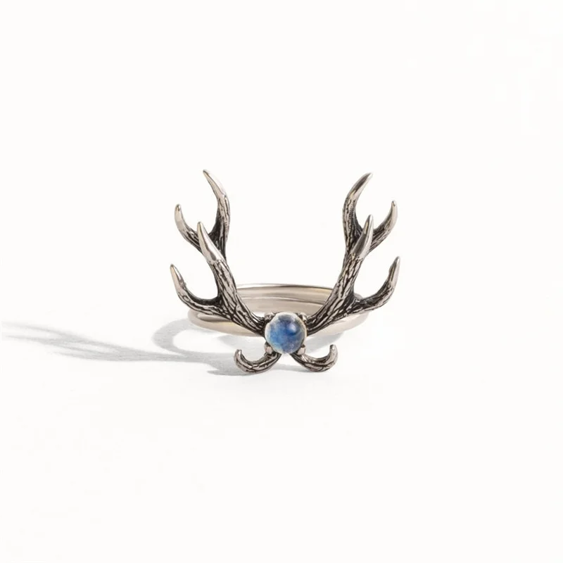 

Vintage Style Creative Antler Open Rings Charm Women Inlaid Moonstone Adjustable Rings Women's Wedding Party Gift Jewelry