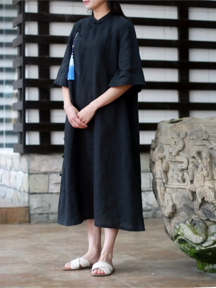 

Cheongsam Women Solid Color Half Sleeve Stand Collar Female Clothes Loose Chinese Style Women Dress