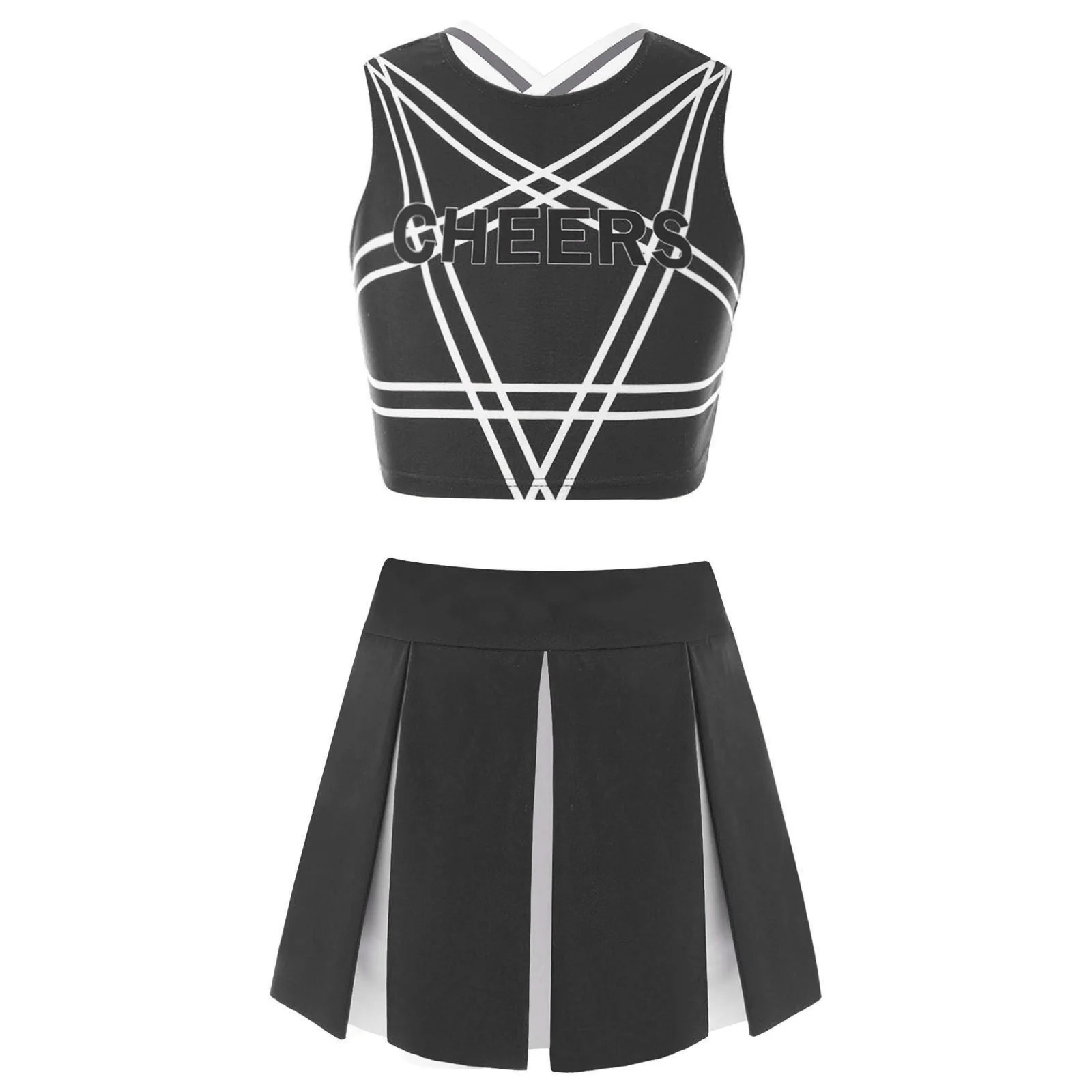 

Танцевальные костюмы для девочек, танцевальные костюмы, детский короткий топ без рукавов с пентаграммой на спине и плиссированная мини-юбк...