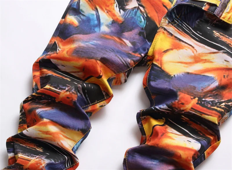 Men's Colorful Graffiti Printed Jeans Y2K Colorful Slim Fit Tapered Elastic Casual Pants Fashion Street Clothing Small Foot Pant