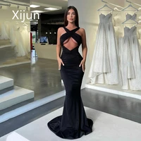 xijun halter mermaid prom gowns sexy formal women black evening dresses noble party dress elastic sleeveless robe de soiree