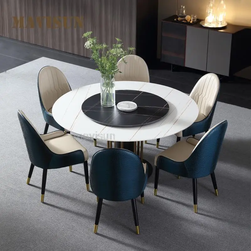 

Luxury Rock Dining Table Carbon Steel Frame Minimalist Restaurant Round Table Turntable Suitable Apartment Mueble Furnitures