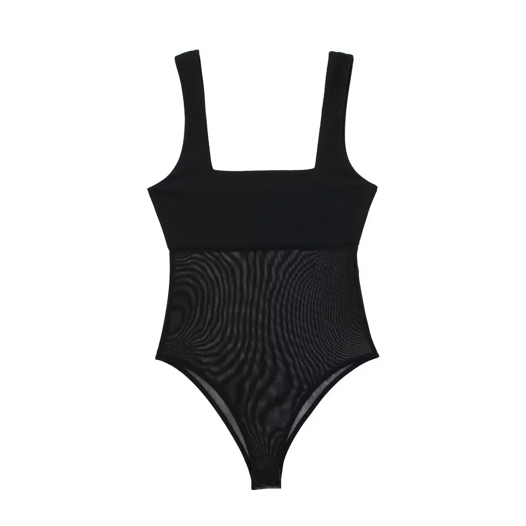 

Women's 2023 Summer Fashion New Sheer Splice Bodysuit Vintage Square Neck Open Back Strap Casual and Unique Female Bodysuit