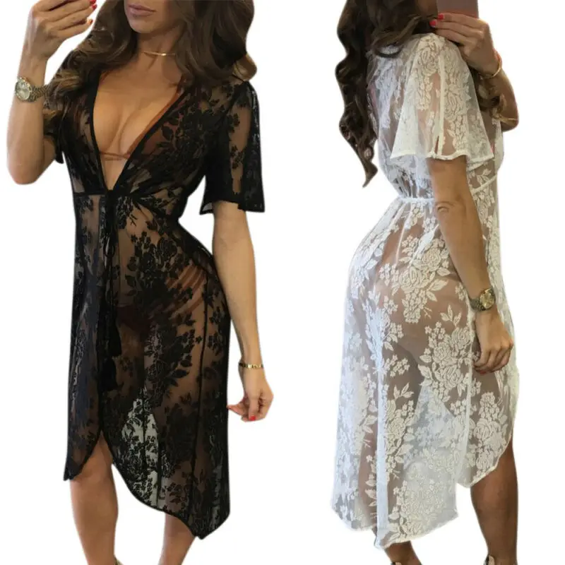 

Womens Sheer Bikini Cover Up Long Lace Short Sleeve Swimwear See Through See Through Beach Mini Dress