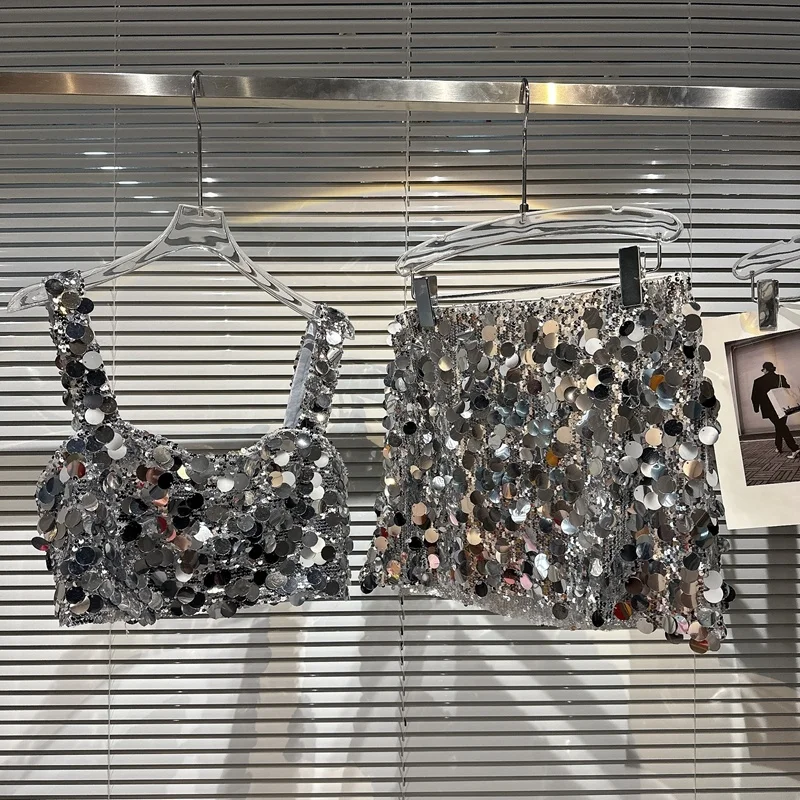 

Женский летний комплект из двух предметов, короткий топ без рукавов с квадратным вырезом и блестками, комплект из двух предметов, GH550, 2023