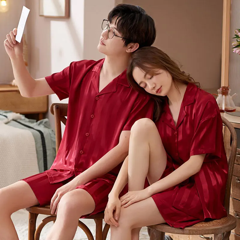 Pajamas For Men and Women Summer Satin Couple Pijama Shorts Lounge Male Home Clothes Suits Silk Sleepwear Couples Pajama Sets