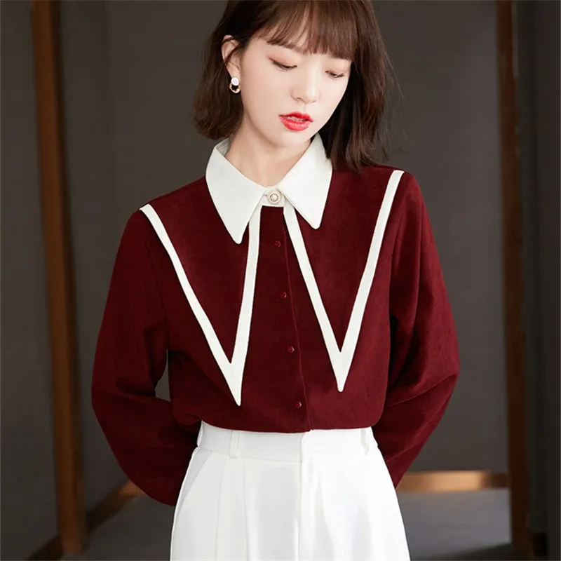 

2022 Autumn Vintage French Style Corduroy Red Shirt Women Elegant Temperament Slim Casual Long Sleeve Tops Blouses Lady B1157