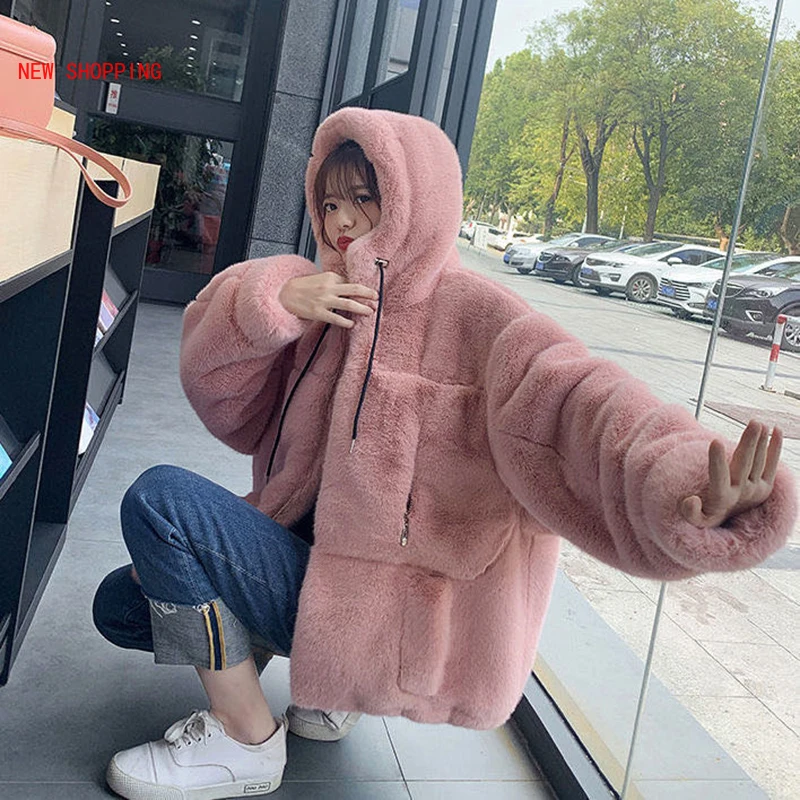 2022 Faux Fur Women Coat with Hood Fashion Zipper Plush Thick Slim Pink Faux Fur Jacket Fake Rabbit Fur Coats Chaqueta Mujer