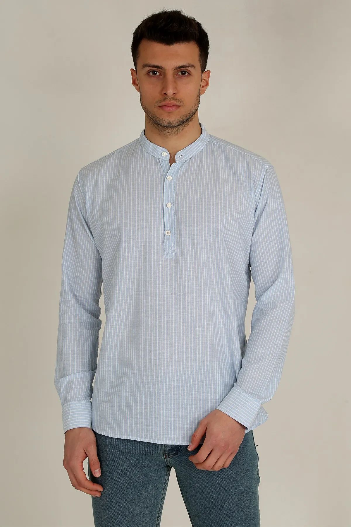 Therapy Men Men 'S Crew Neck Long Sleeve Half Patlı Linen Shirt 21K-4300575-01 Ice Blue