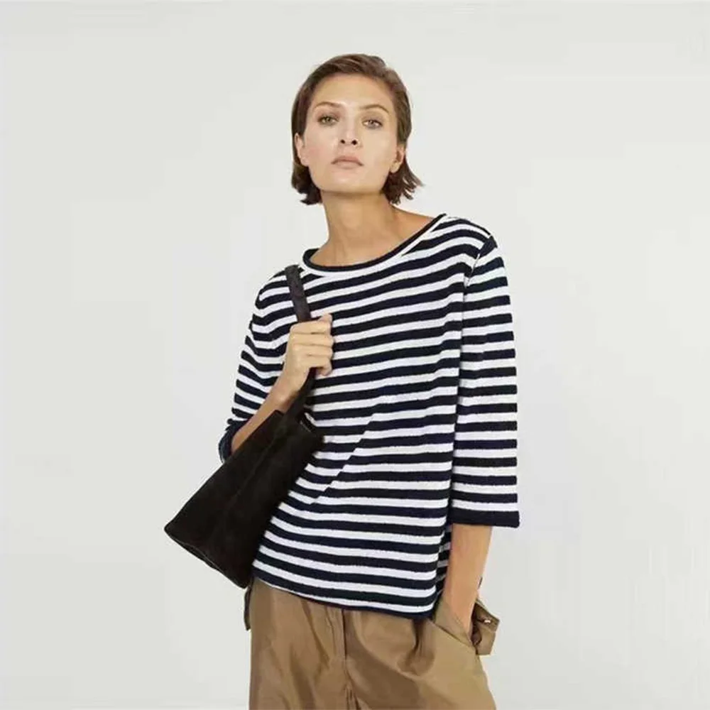 

ROW cashmere sweater women summer commuter round neck seven-quarter sleeve striped knit sweater minimalist lazy style tops