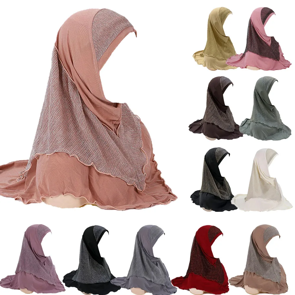 

70*60cm One Piece Muslim Amira Hijab Pull On Plain Islamic Scarf Headwrap Pray Hat Shawl Women's Headband Headscarf Full Cover