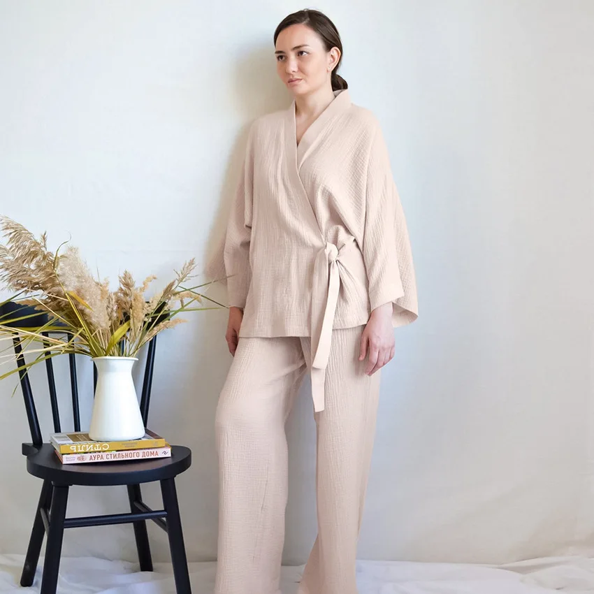 Women's Pajamas Cotton Pyjamas Pijamas Set 2 Pieces Robe Nightgown PJ Set Cotton Long Sleeves Home Wear