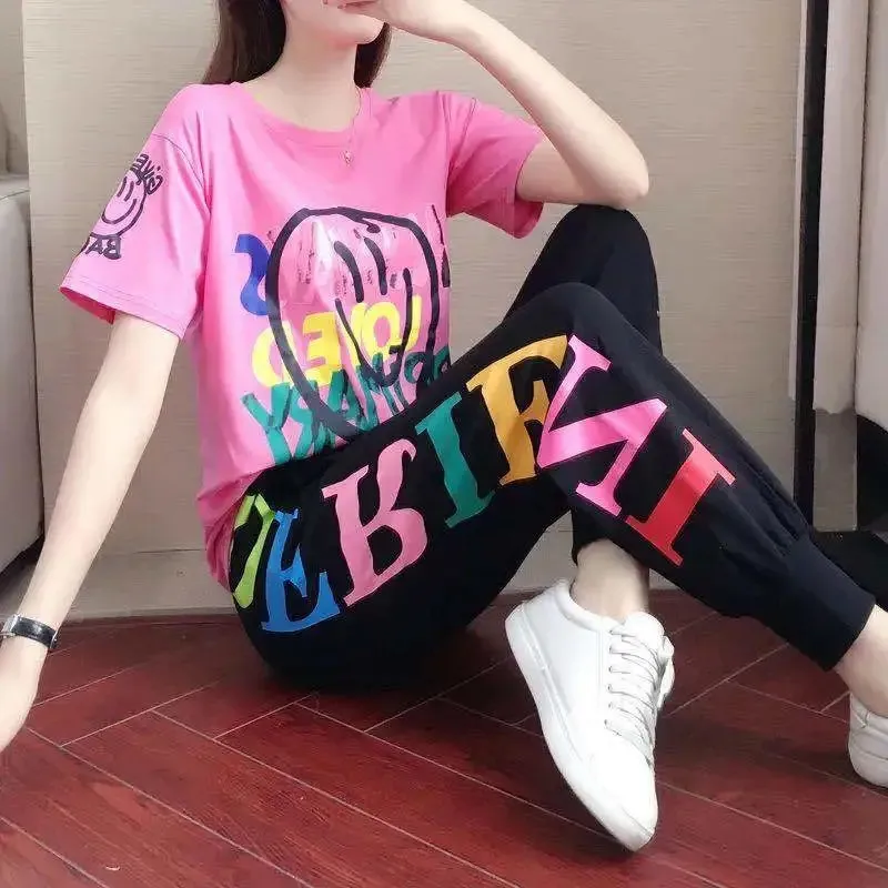 

Suit Shorts T-shirt for Women and Top Loose Oversize 100% Cotton Summer Two Piece Set Women Classic Tracksuit Casual Sports