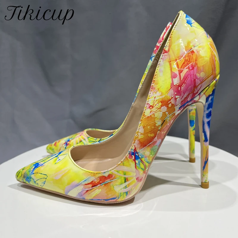 

Tikicup Hawaii Style Women Oil Painting Printed Patent Pointed Toe High Heels Elegant Chic Stiletto Pumps Customize 8cm 10cm12cm
