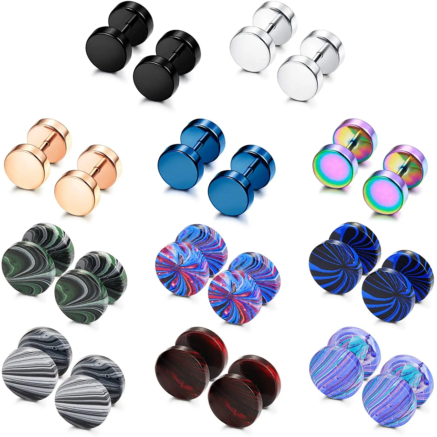 1 Pair Stainless Steel Mens Womens Stud Earrings Ear Piercing Plugs Tunnel Fake Ear Gauge Barbell Screw Stud Flat Back 16G 18G