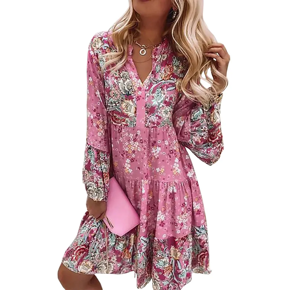 

2022 spring and summer new V-neck floral stitching printed short skirt nine-point sleeve layered dress women's clothing