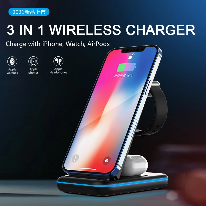 

QCY 15W QI Wireless Charger for iPhone Foldable 3 in 1 Wireless Charging Charger for Xiaomi Watch TWS headphone Phone Holder