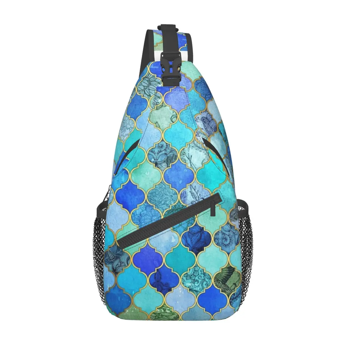 

Cobalt Blue, Aqua & Gold Moroccan Tile Sling Backpack Sling Bags Hiking Travel Chest Bag Daypack Crossbody Backpack Shoulder Bag