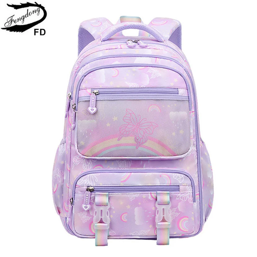 

Fengdong elementary school bags for kid girls purple school backpack large capacity student rainbow bag for books children gift