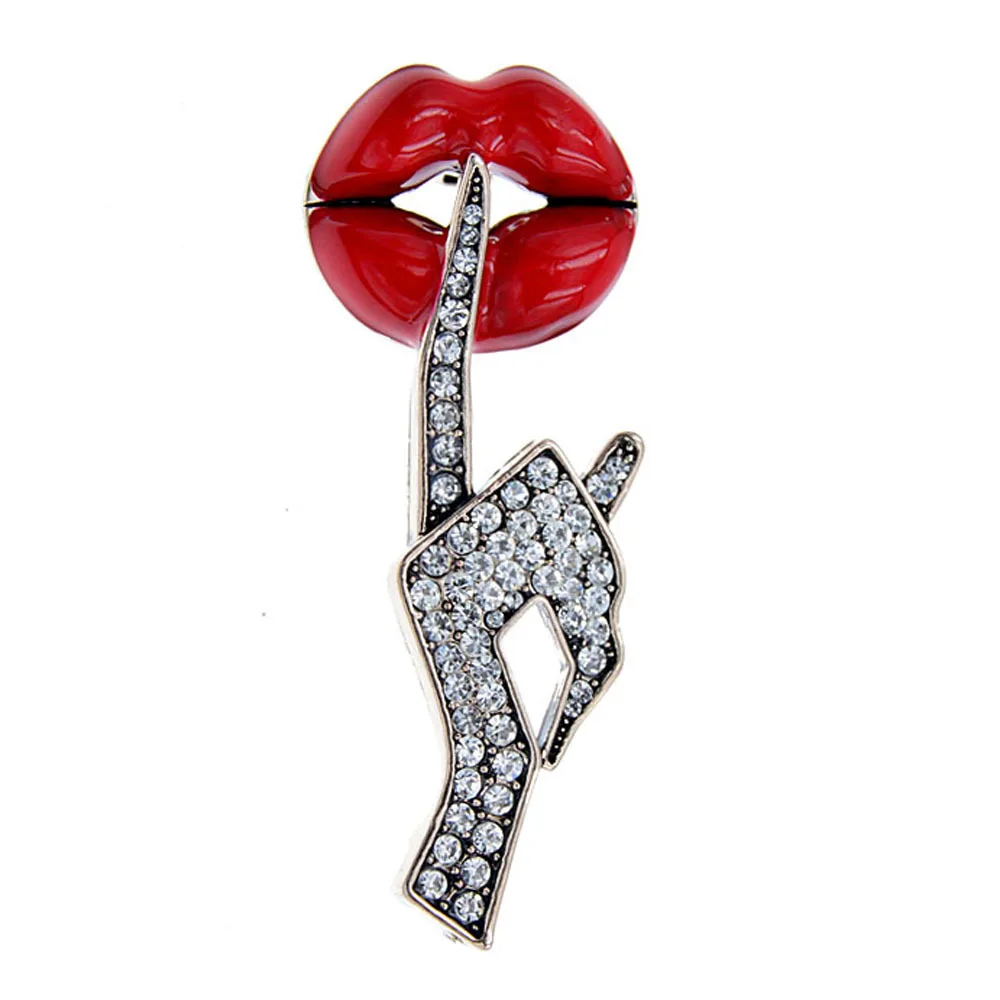 

Advanced Vintage Red Lip Brooch Personalized Creativity Women Please Don't Talk Gestures Accessories Simple Coat Suit Pin