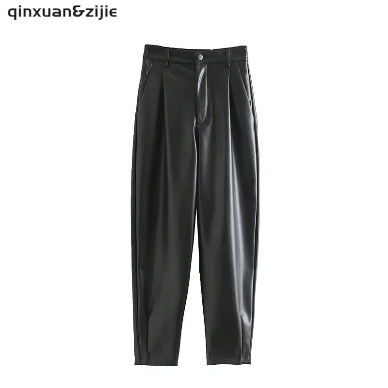 

Women Fashion High Waist Straight Faux Leather Pants Vintage Zipper Fly Female Leggings Trousers Mujer Slim Bottoms Female