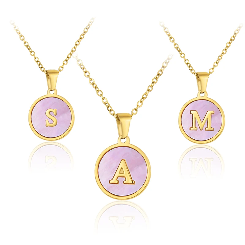 

MHS.SUN Vintage Initial 26 Alphabet Pink Shell Pendant Necklace Gold Plated Stainless Steel For Women Party Romantic Jewelry
