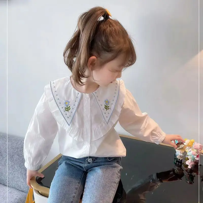

New Girls Long-sleeved White Embroidered Baby Shirt Toddler Girl Fall Children Clothes Fall Clothes for Toddler Girl Blouse