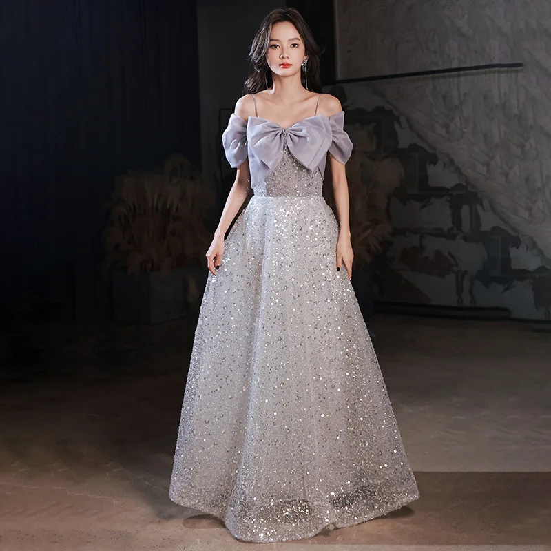 Grace Slling Sleeveless Bow Sequins A-Line Evening Gowns Oriental Party Banquet Female Stage Show Dresses Cheongsam
