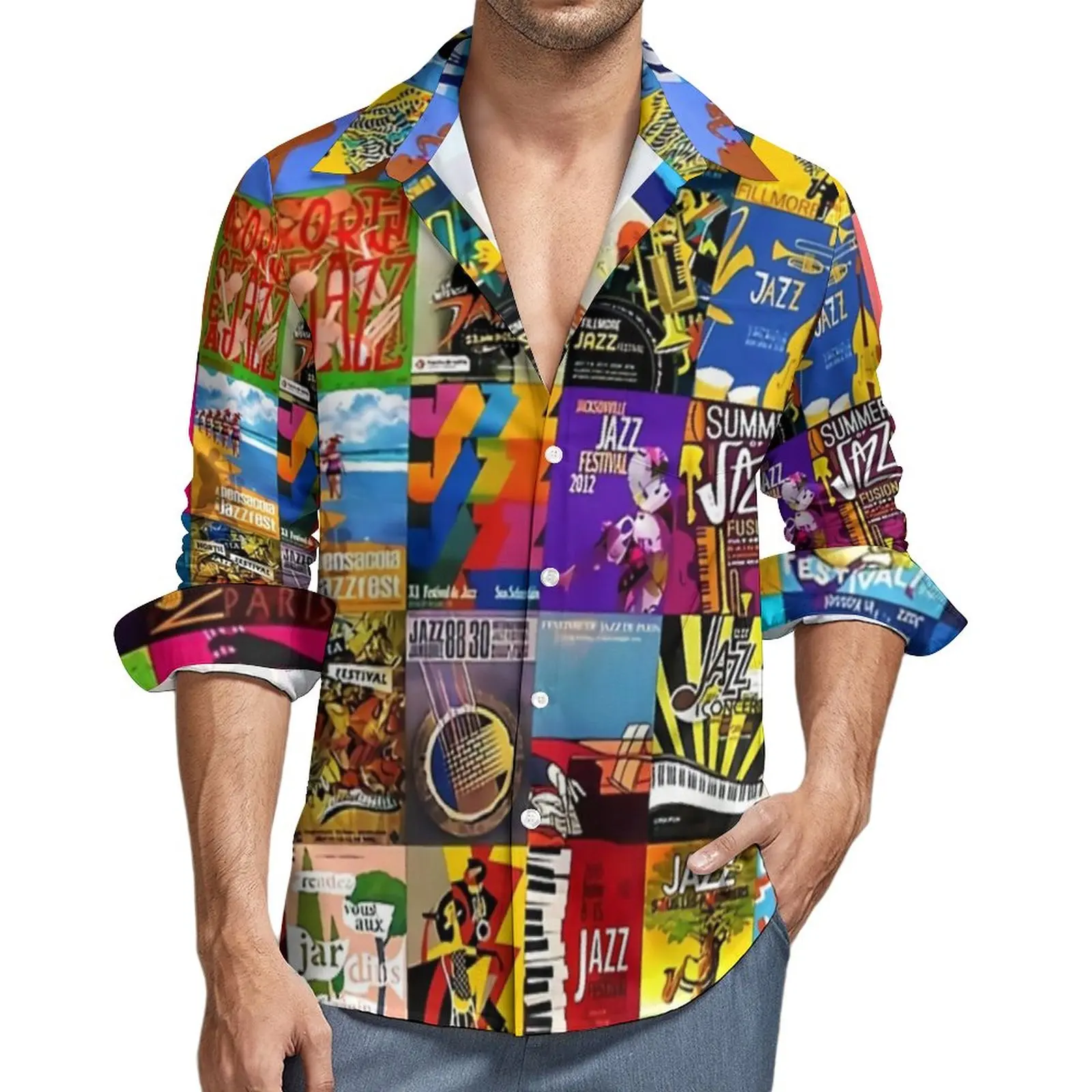 

Collage of Jazz Festivals Stylish Casual Shirt Men Music Band Print Shirt Autumn Vintage Blouses Long Sleeve Oversized Clothing