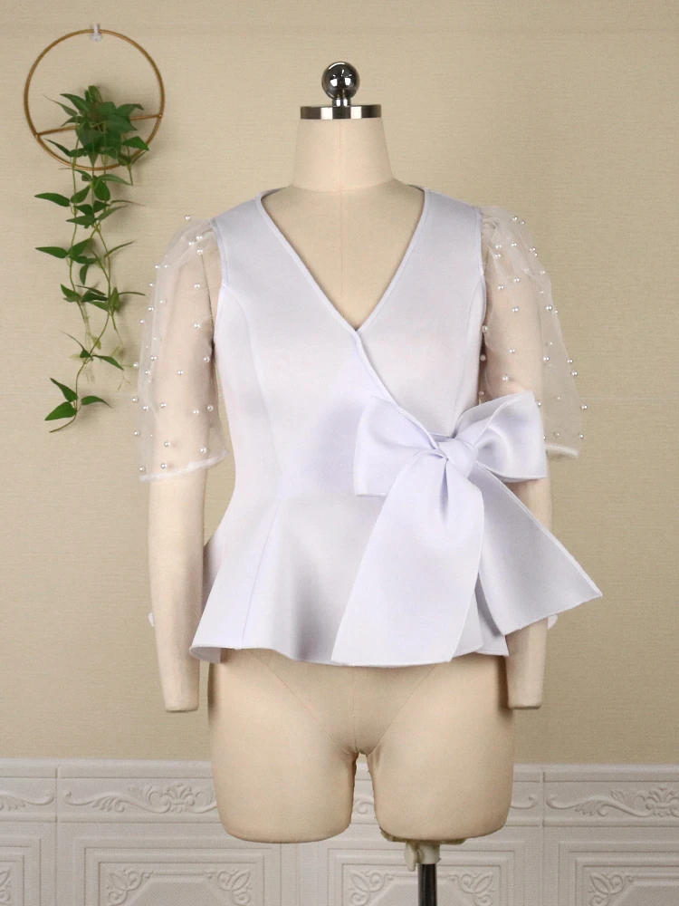 Блузка женская с V-образным вырезом пикантная тонкая прозрачная рубашка буффами