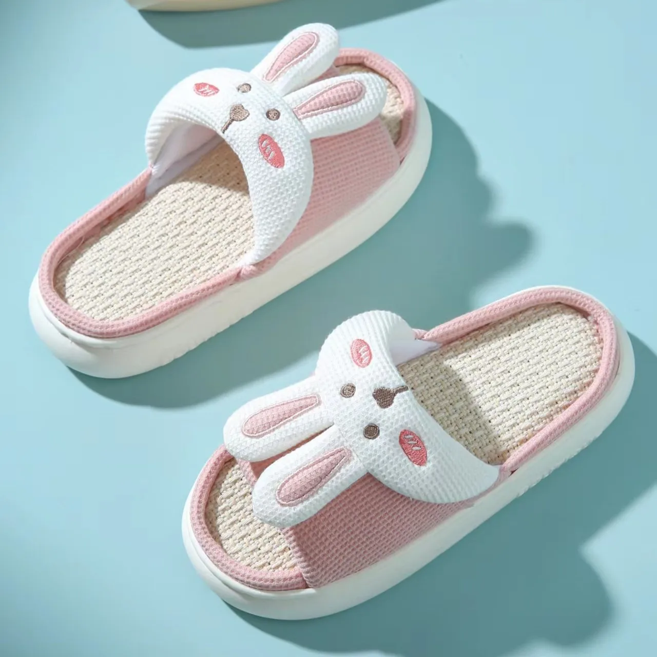 Cute Rabbit Slippers for Womens Design Cartoon Flip Flops Lady Cotton Linen House Shoes Slides Four Season Casual Home Slippers