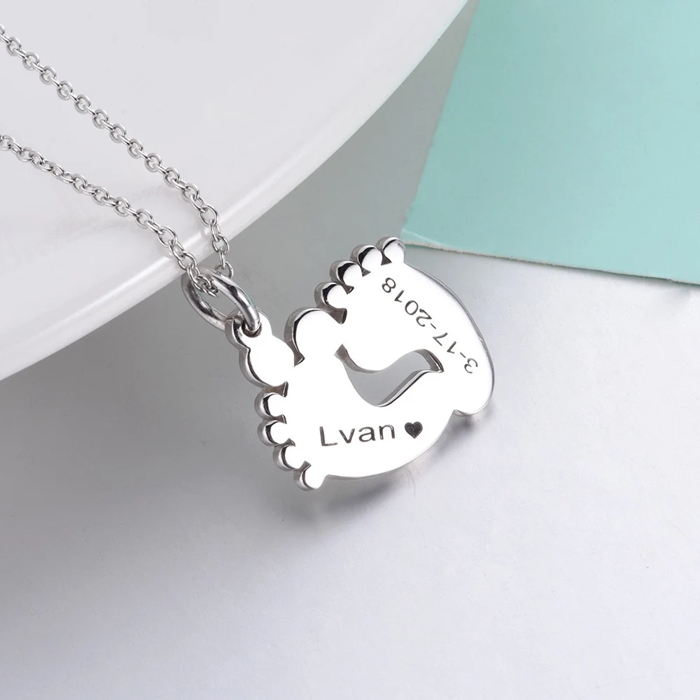 

Personalized Engraved Name Footprint Pendant Customized Date Letter Stainless Steel Necklaces For Women MOM Birthday Gift