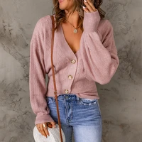 solid color cardigan jacket womens autumn new long sleeved new v neck single breasted lantern sleeve sweater women
