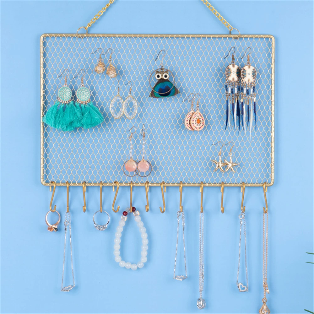Nordic Metal Grid Rectangle Wall Shelf Earring Organizer Jewelry Holder Ear Stud Display Rack for Bracelet Necklace Ring Decor