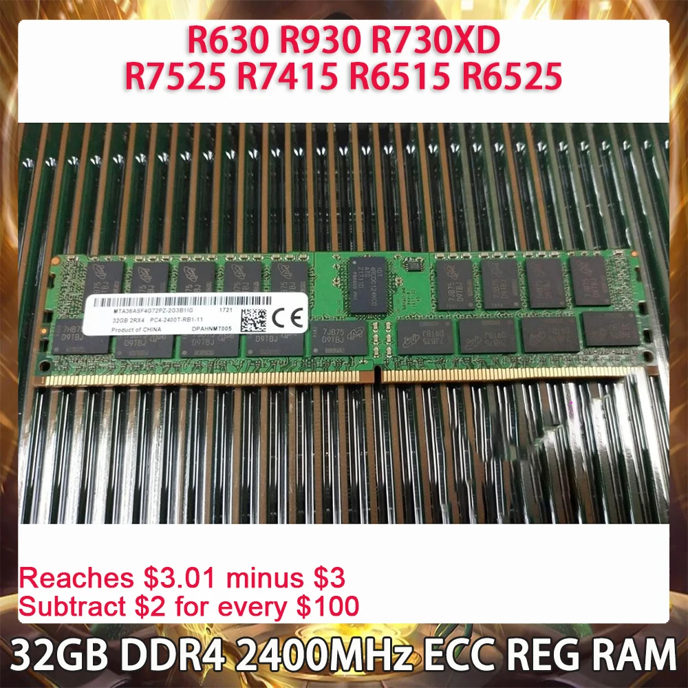 

32GB DDR4 2400MHz ECC REG RAM For DELL R630 R930 R730XD R7525 R7415 R6515 R6525 Server Memory Works Perfectly Fast Ship