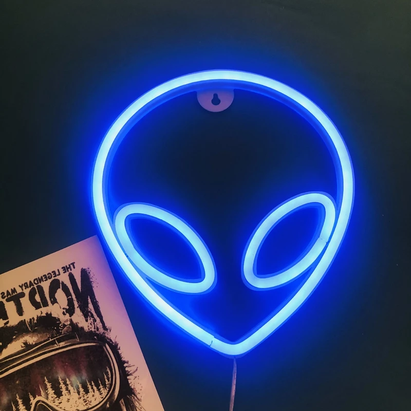 Neon Sign Alien Face Shaped Wall Hanging Lights for Home Children's Room Saucerman LED Night Lamps Xmas Party Holiday Art Decor