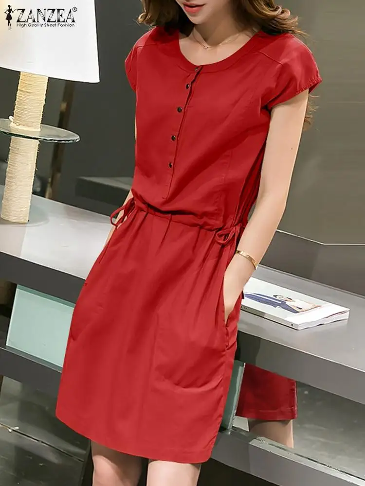 

Fashion Drawstring Waist Party Holiday Dress ZANZEA Summer Women Short Sleeve Solid Work Knee-length Sundress Robe Femme Vestido