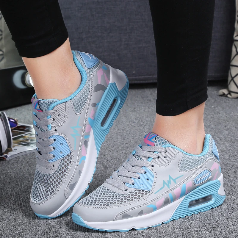 Women Casual Shoes Breathable Walking Mesh Lace Up Thick Sole Air Cushion Shoes Sneakers Women Tenis Feminino Pink Black White