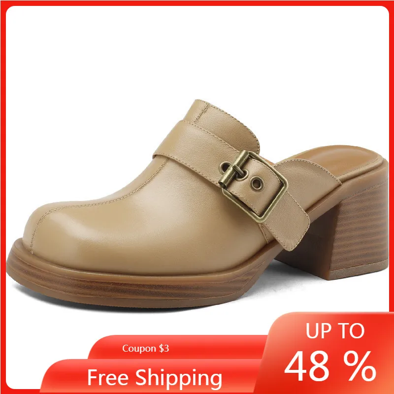 

ENMAYER Women Pumps High Quality Genuine Leather Mules Fashion Buckle Slippers Shoes Woman Spring Summer Office Ladies Casual