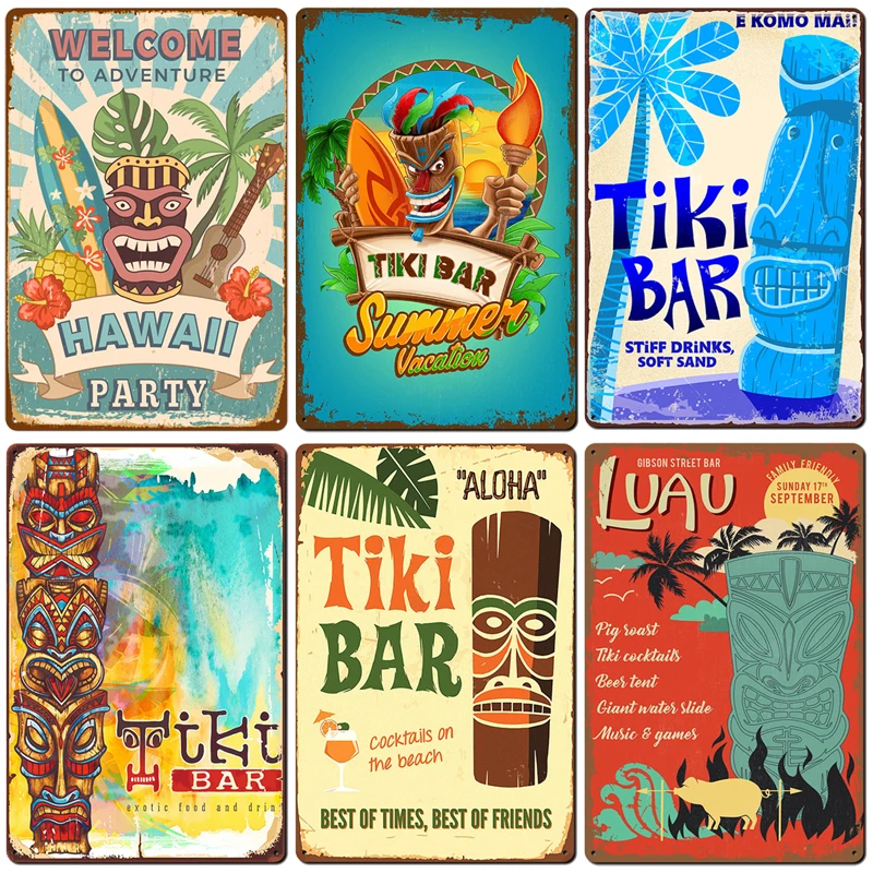 Плакат Aloha Tiki для бара, Жестяная Табличка, винтажный пляжный фон, Настенный декор для бара, паба, металлическая пластина, ретро, Гавайские таблички для серфинга