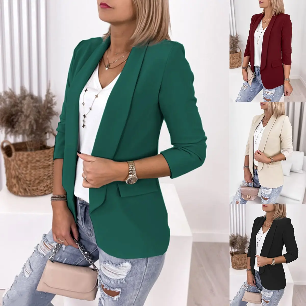 

2023 New Long-sleeved Slim-fit Cropped Blazer Women Solid-color Collared Jacket Coats