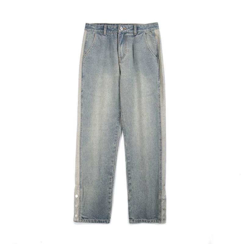 CUMUKKIYP American Streetwear Splice Button Split Jeans for Men Spring Summer Casual Loose Vintage Straight Denim Pants