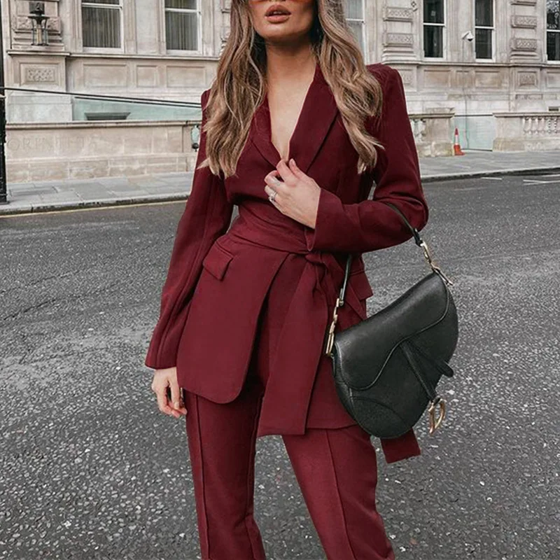 CRLAYDK 2 Pieces Outfits for Women Long Sleeve Blazer with Belt Pocket Pants Lace Work Office Business Lady Casual Suits Sets